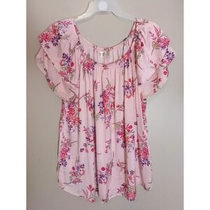 Terra Sky Women Pink Multicolor Floral Tier Sleeves Elastic Neckline Top Size 2X
